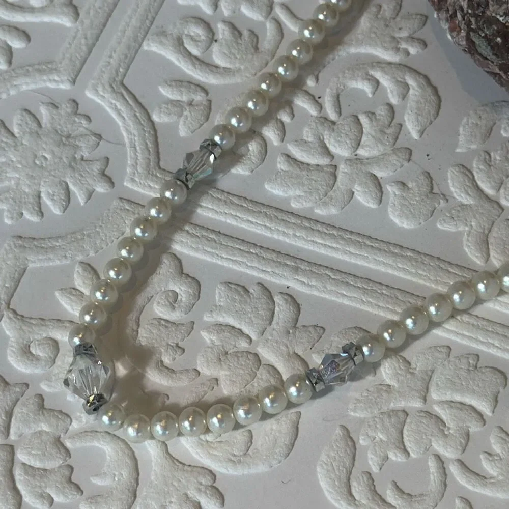 Vintage Art Deco Glass Pearl Choker‎ Necklace With Faceted Clear Crystals 15”